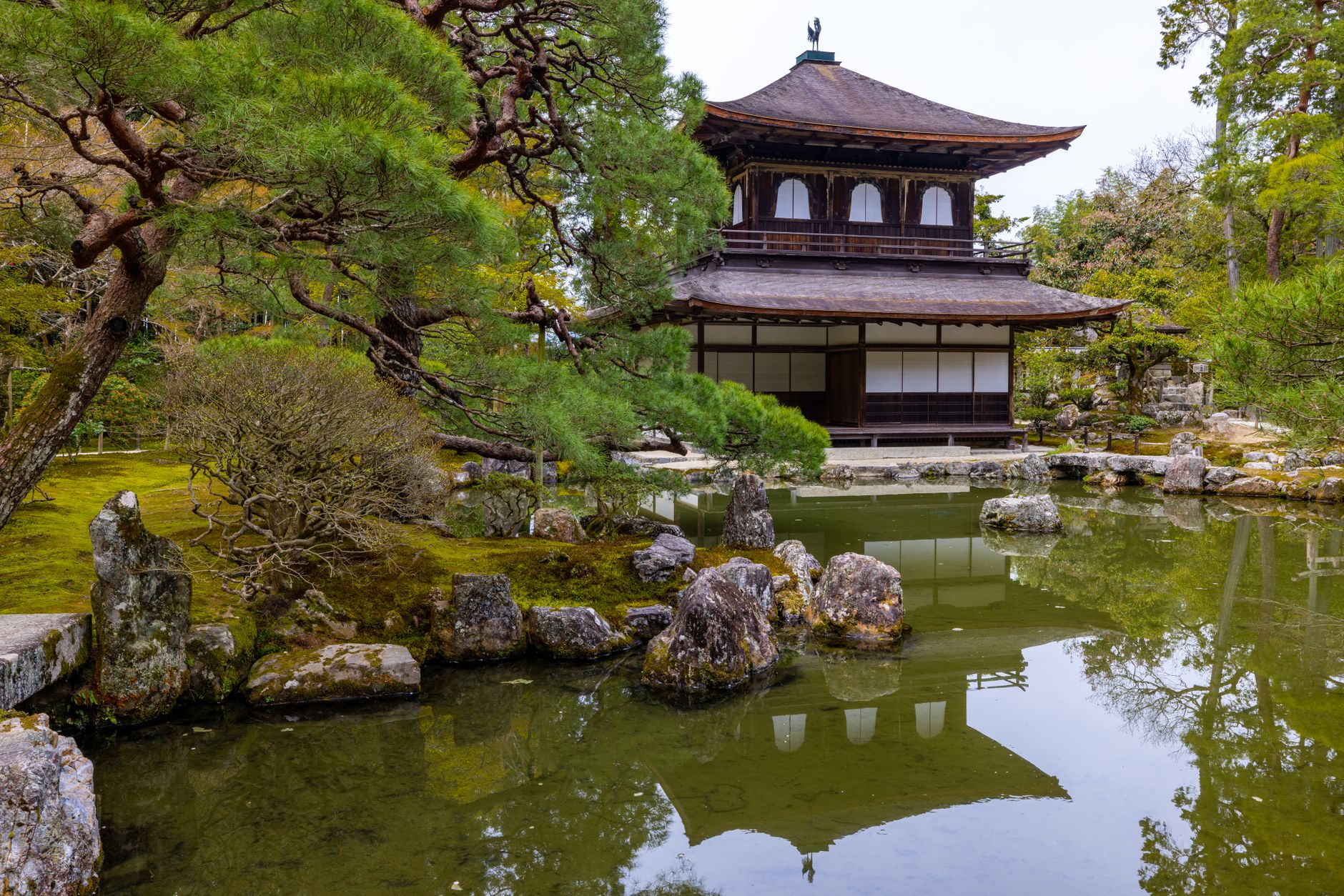 Tranquil temple courtyard surrounded by moss and stone lanterns at twilight